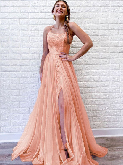 A-Line/Princess Tulle Lace Spaghetti Straps Sleeveless Sweep/Brush Train Prom Dress