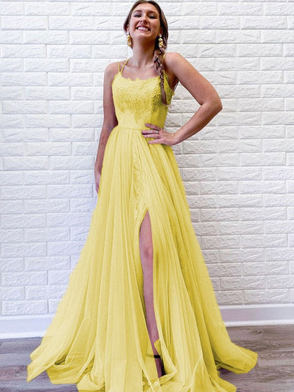 A-Line/Princess Tulle Lace Spaghetti Straps Sleeveless Sweep/Brush Train Prom Dress