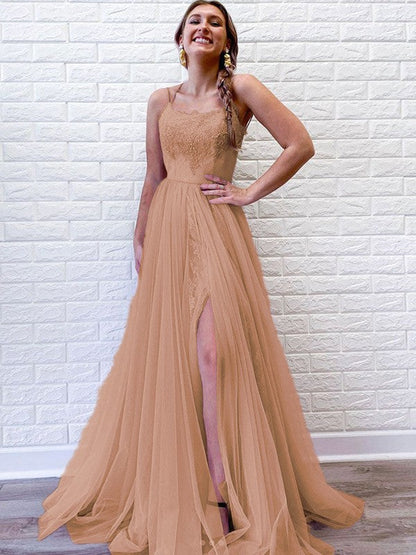 A-Line/Princess Tulle Lace Spaghetti Straps Sleeveless Sweep/Brush Train Prom Dress