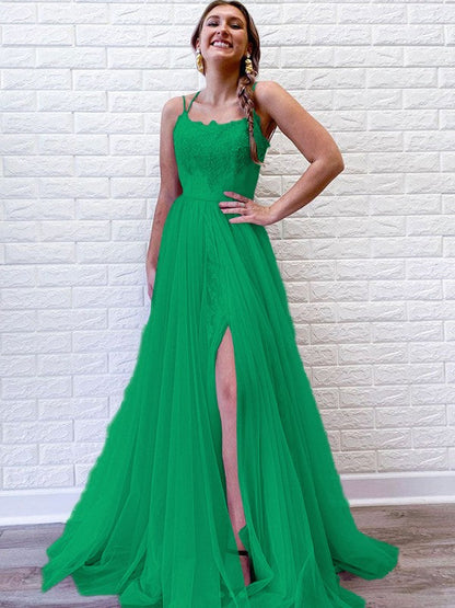 A-Line/Princess Tulle Lace Spaghetti Straps Sleeveless Sweep/Brush Train Prom Dress