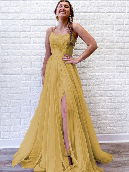 A-Line/Princess Tulle Lace Spaghetti Straps Sleeveless Sweep/Brush Train Prom Dress