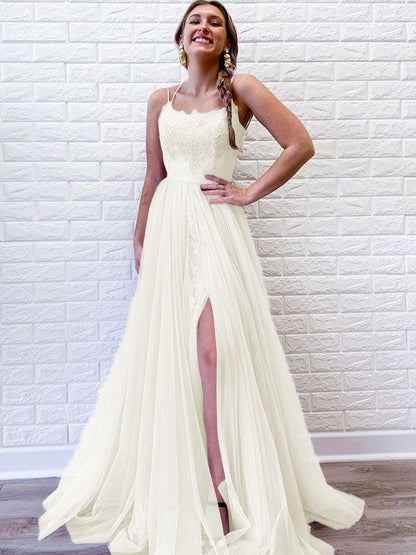 A-Line/Princess Tulle Lace Spaghetti Straps Sleeveless Sweep/Brush Train Prom Dress