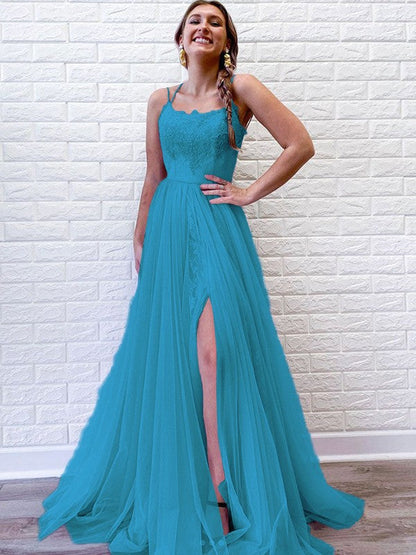 A-Line/Princess Tulle Lace Spaghetti Straps Sleeveless Sweep/Brush Train Prom Dress