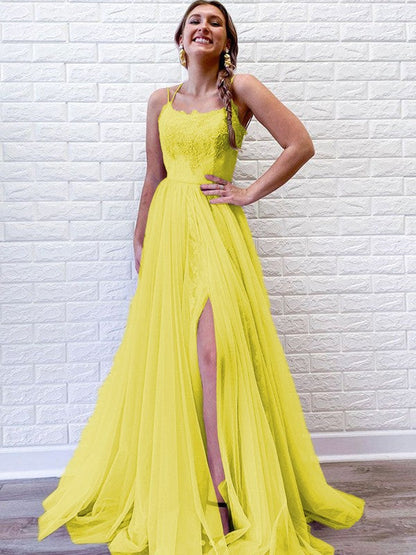 A-Line/Princess Tulle Lace Spaghetti Straps Sleeveless Sweep/Brush Train Prom Dress