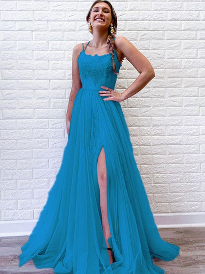 A-Line/Princess Tulle Lace Spaghetti Straps Sleeveless Sweep/Brush Train Prom Dress
