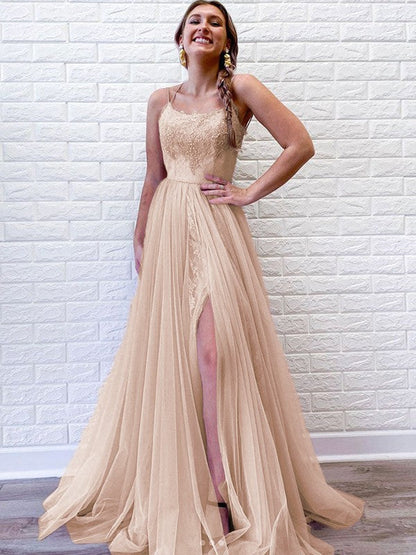 A-Line/Princess Tulle Lace Spaghetti Straps Sleeveless Sweep/Brush Train Prom Dress