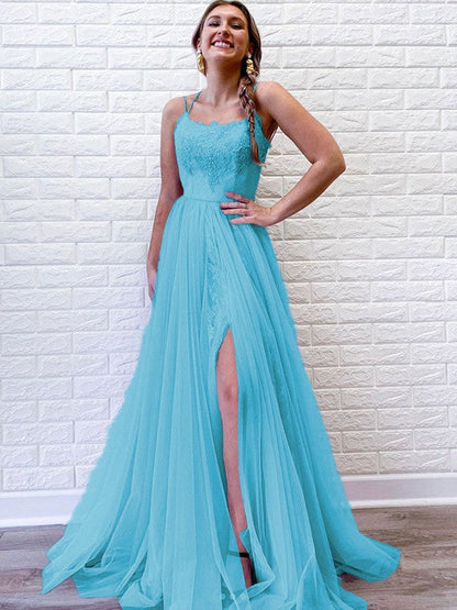 A-Line/Princess Tulle Lace Spaghetti Straps Sleeveless Sweep/Brush Train Prom Dress