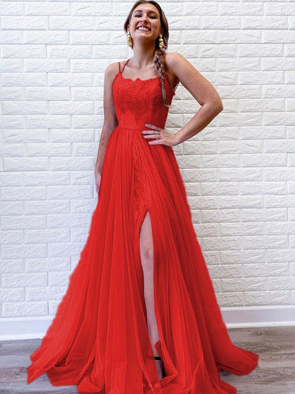 A-Line/Princess Tulle Lace Spaghetti Straps Sleeveless Sweep/Brush Train Prom Dress