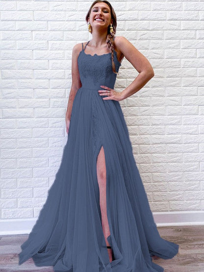 A-Line/Princess Tulle Lace Spaghetti Straps Sleeveless Sweep/Brush Train Prom Dress