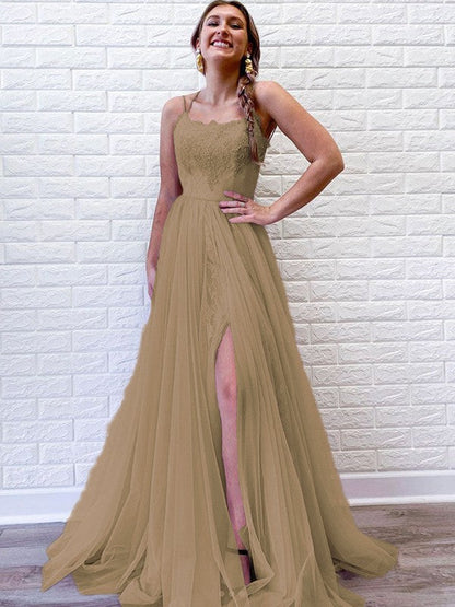A-Line/Princess Tulle Lace Spaghetti Straps Sleeveless Sweep/Brush Train Prom Dress