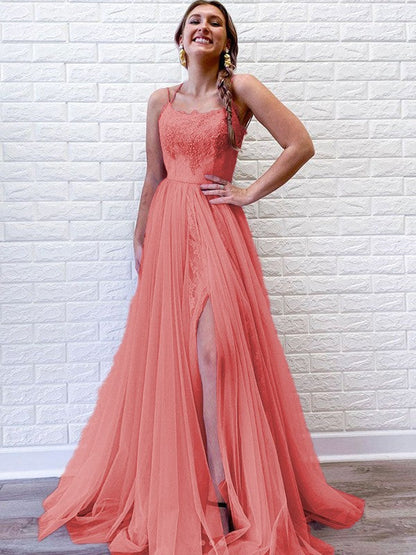 A-Line/Princess Tulle Lace Spaghetti Straps Sleeveless Sweep/Brush Train Prom Dress