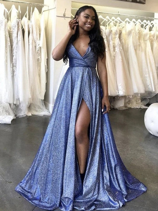 A-Line/Princess Ruffles V-neck Sleeveless Sweep/Brush Train Prom Dress