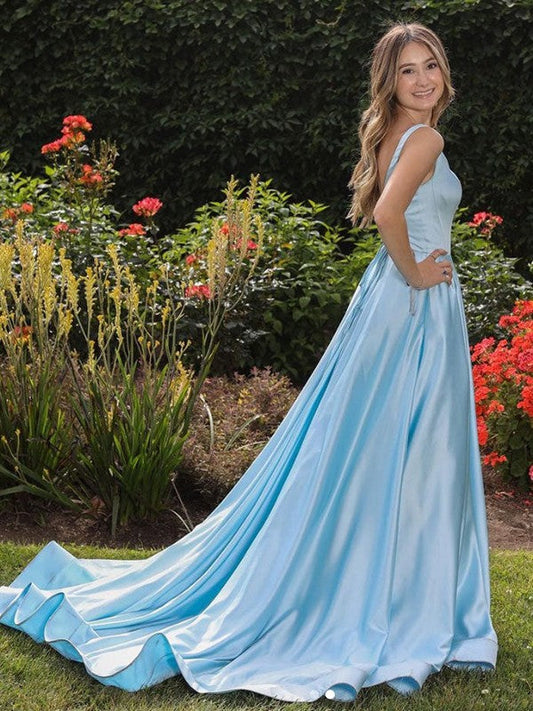 A-Line/Princess Satin Ruffles Straps Sleeveless Court Train Prom Dress