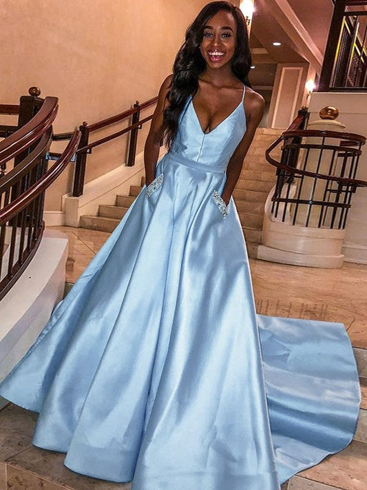 A-Line/Princess Satin Ruffles V-neck Sleeveless Sweep/Brush Train Prom Dress