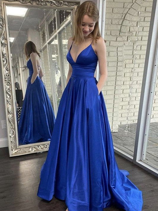 A-Line/Princess Satin Ruffles V-neck Sleeveless Sweep/Brush Train Prom Dress