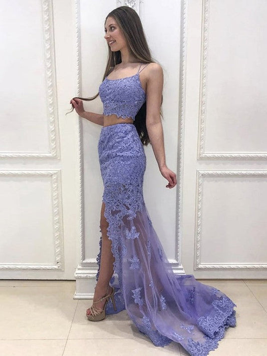 Sheath/Column Lace Applique Spaghetti Straps Sleeveless Sweep/Brush Train Two Piece Prom Dress