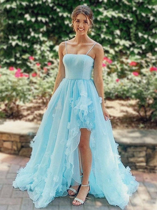 A-Line/Princess Organza Hand-Made Flower Spaghetti Straps Sleeveless Sweep/Brush Train Prom Dress