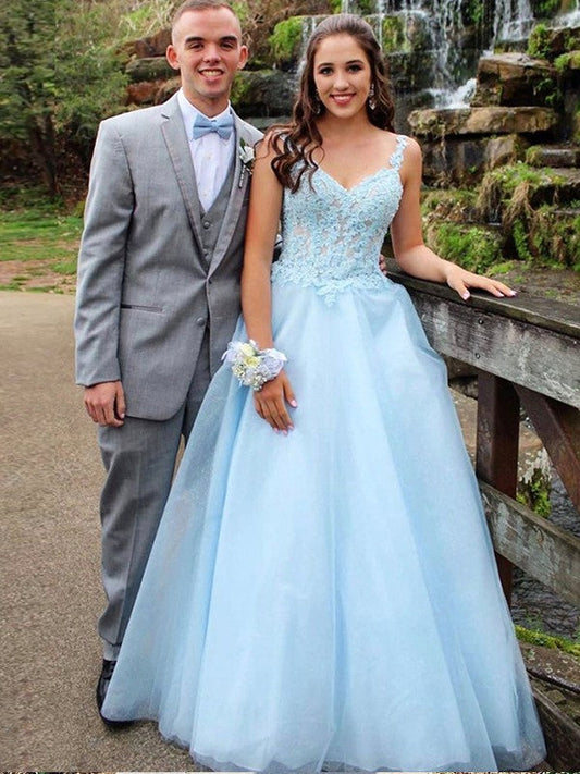 A-Line/Princess Tulle Applique V-neck Sleeveless Floor-Length Prom Dress