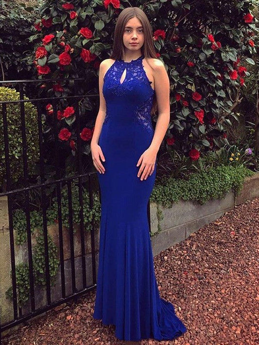 Sheath/Column Satin Lace Halter Sleeveless Sweep/Brush Train Prom Dress