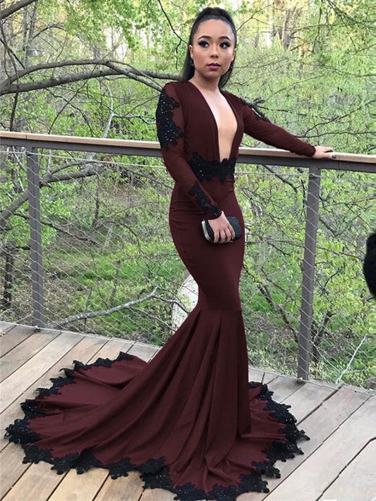 Trumpet/Mermaid Stretch Crepe Applique V-neck Long Sleeves Sweep/Brush Train Prom Dress