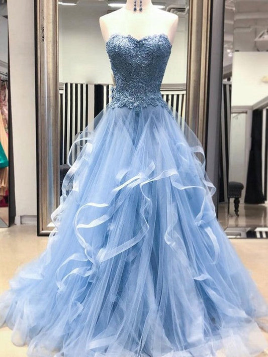 A-Line/Princess Tulle Applique Sweetheart Sleeveless Sweep/Brush Train Prom Dress