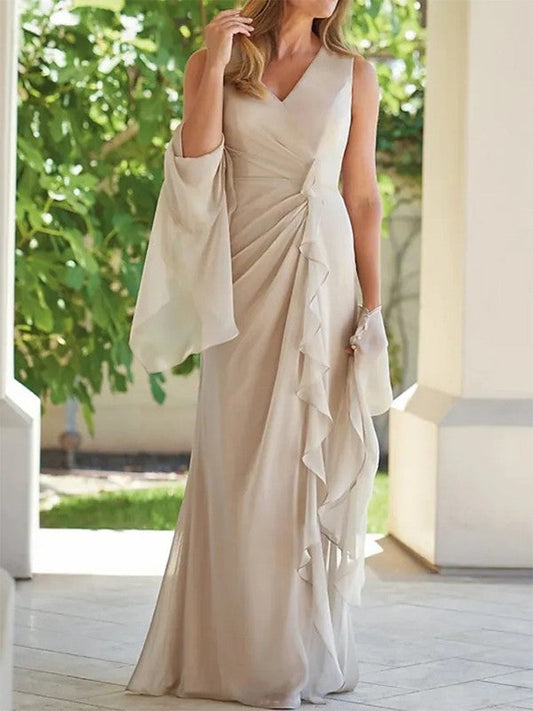 Sheath/Column Chiffon Ruched V-neck Sleeveless Floor-Length Mother of the Bride Dress