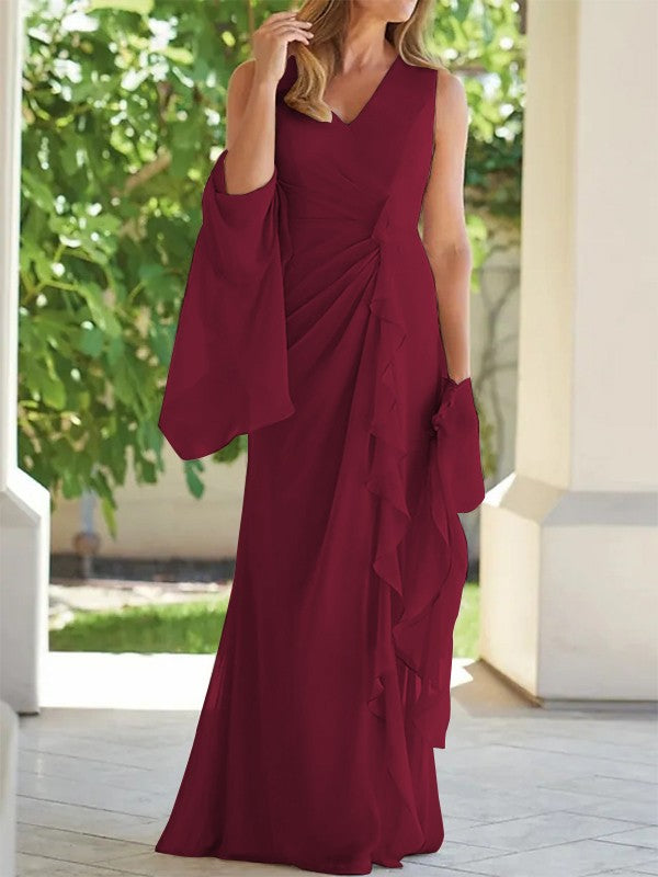 Sheath/Column Chiffon Ruched V-neck Sleeveless Floor-Length Mother of the Bride Dress