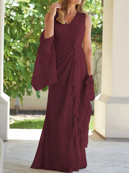 Sheath/Column Chiffon Ruched V-neck Sleeveless Floor-Length Mother of the Bride Dress