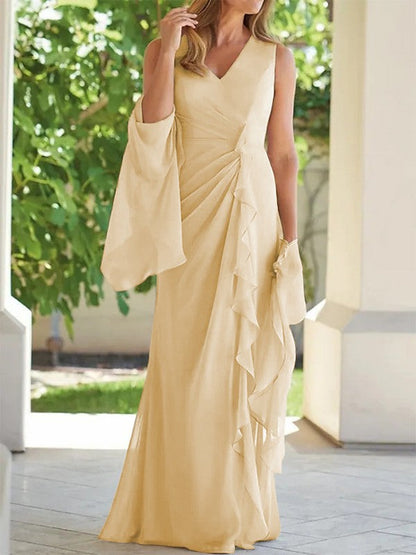 Sheath/Column Chiffon Ruched V-neck Sleeveless Floor-Length Mother of the Bride Dress