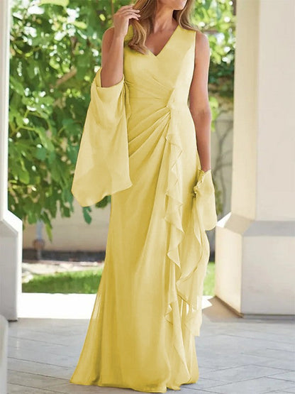 Sheath/Column Chiffon Ruched V-neck Sleeveless Floor-Length Mother of the Bride Dress