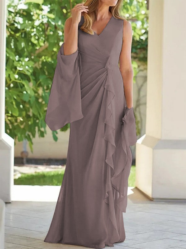 Sheath/Column Chiffon Ruched V-neck Sleeveless Floor-Length Mother of the Bride Dress