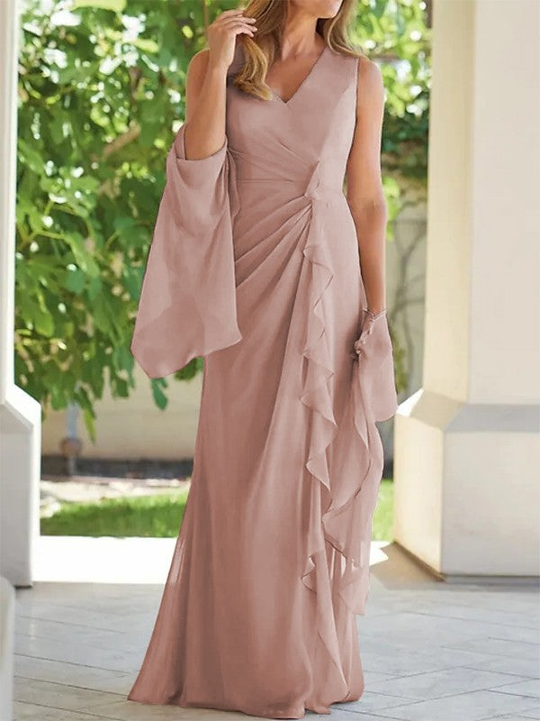 Sheath/Column Chiffon Ruched V-neck Sleeveless Floor-Length Mother of the Bride Dress