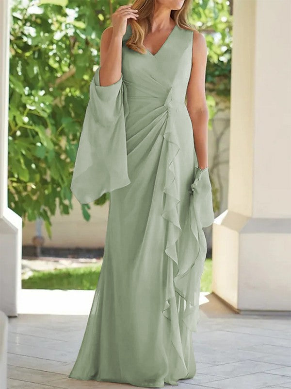 Sheath/Column Chiffon Ruched V-neck Sleeveless Floor-Length Mother of the Bride Dress