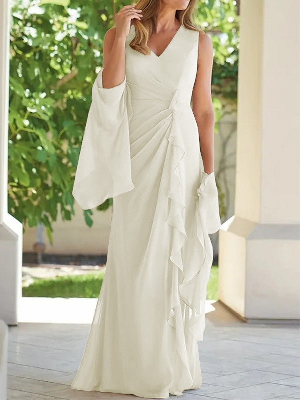 Sheath/Column Chiffon Ruched V-neck Sleeveless Floor-Length Mother of the Bride Dress