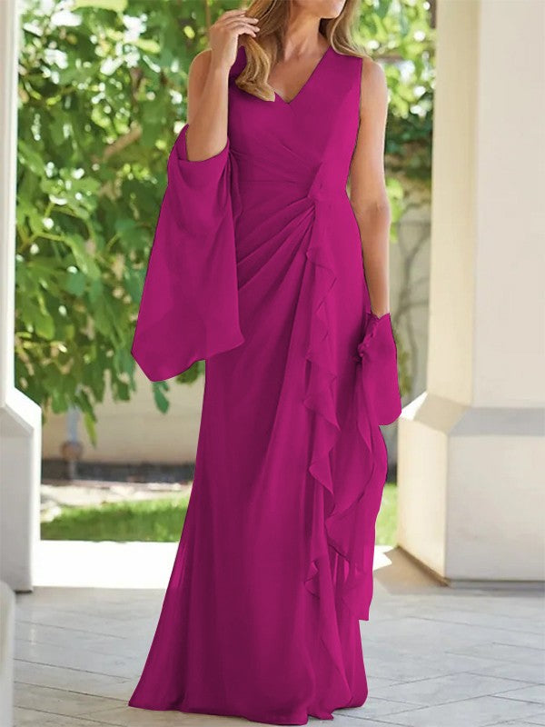 Sheath/Column Chiffon Ruched V-neck Sleeveless Floor-Length Mother of the Bride Dress