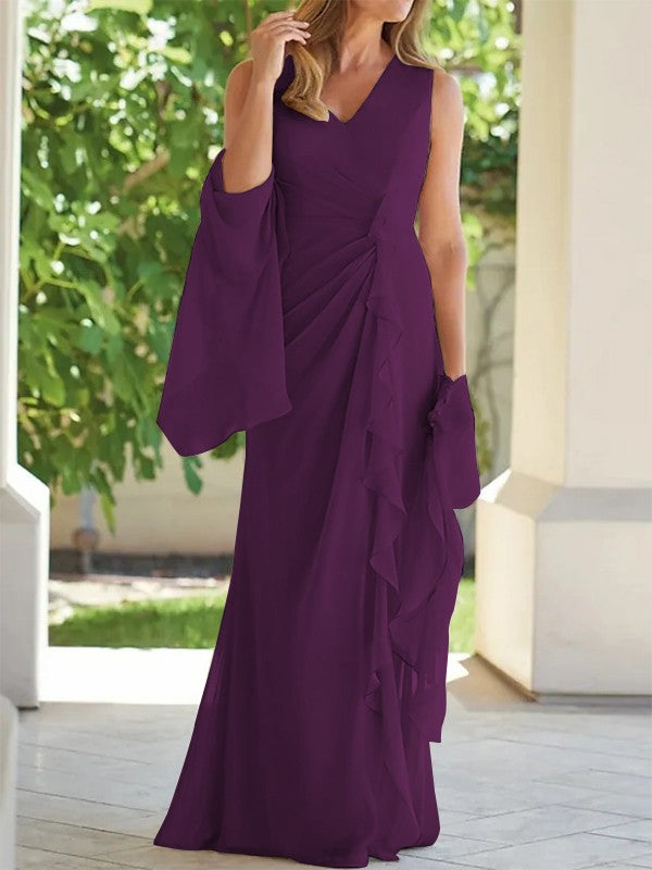 Sheath/Column Chiffon Ruched V-neck Sleeveless Floor-Length Mother of the Bride Dress