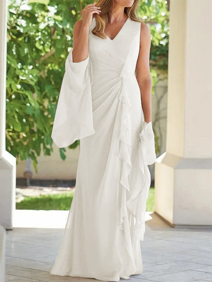 Sheath/Column Chiffon Ruched V-neck Sleeveless Floor-Length Mother of the Bride Dress