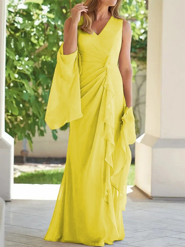 Sheath/Column Chiffon Ruched V-neck Sleeveless Floor-Length Mother of the Bride Dress