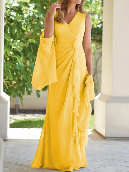 Sheath/Column Chiffon Ruched V-neck Sleeveless Floor-Length Mother of the Bride Dress