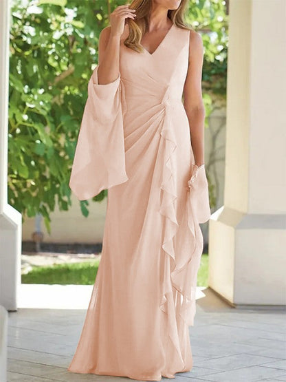 Sheath/Column Chiffon Ruched V-neck Sleeveless Floor-Length Mother of the Bride Dress