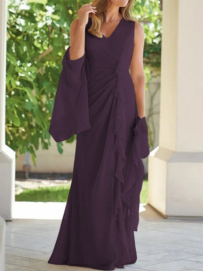 Sheath/Column Chiffon Ruched V-neck Sleeveless Floor-Length Mother of the Bride Dress