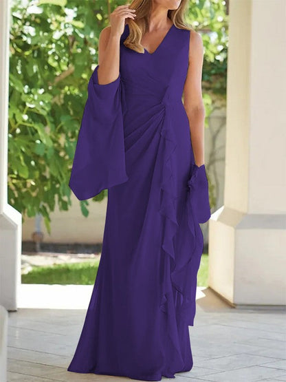 Sheath/Column Chiffon Ruched V-neck Sleeveless Floor-Length Mother of the Bride Dress