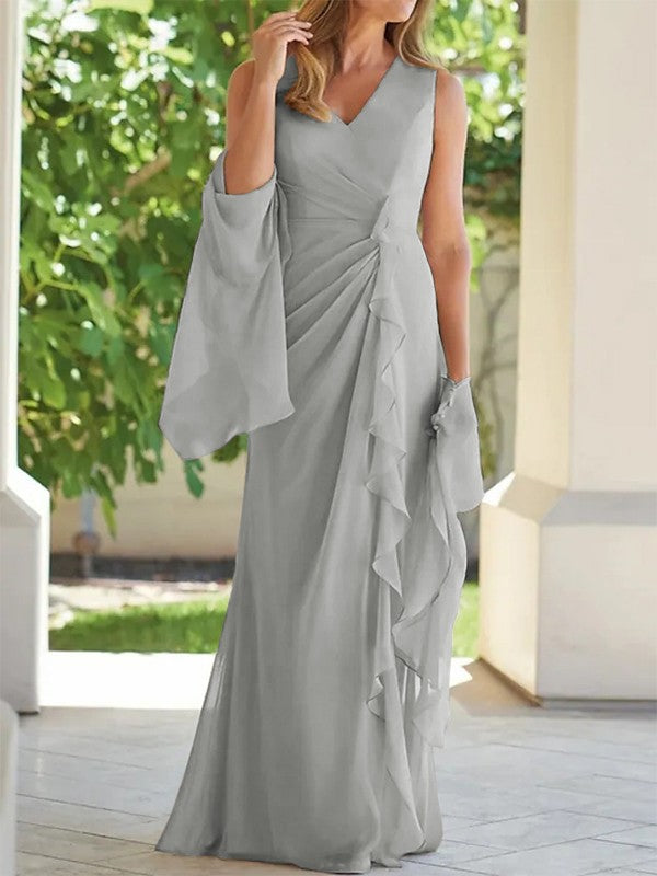 Sheath/Column Chiffon Ruched V-neck Sleeveless Floor-Length Mother of the Bride Dress