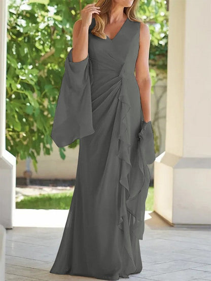 Sheath/Column Chiffon Ruched V-neck Sleeveless Floor-Length Mother of the Bride Dress