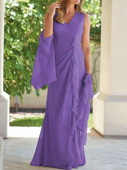 Sheath/Column Chiffon Ruched V-neck Sleeveless Floor-Length Mother of the Bride Dress