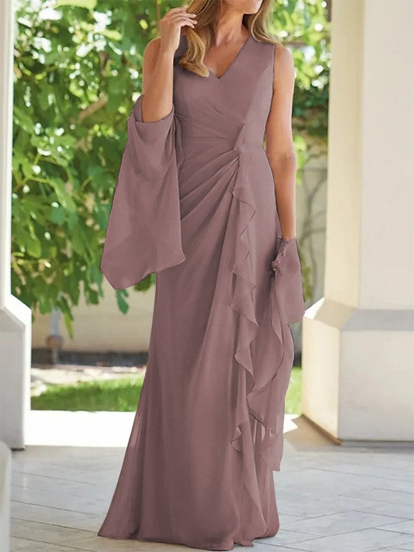 Sheath/Column Chiffon Ruched V-neck Sleeveless Floor-Length Mother of the Bride Dress
