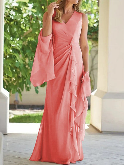 Sheath/Column Chiffon Ruched V-neck Sleeveless Floor-Length Mother of the Bride Dress
