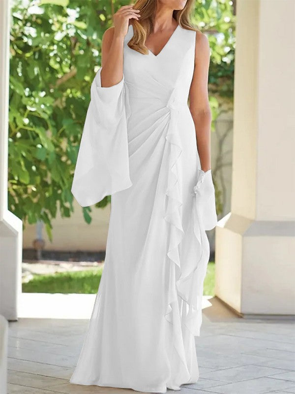 Sheath/Column Chiffon Ruched V-neck Sleeveless Floor-Length Mother of the Bride Dress