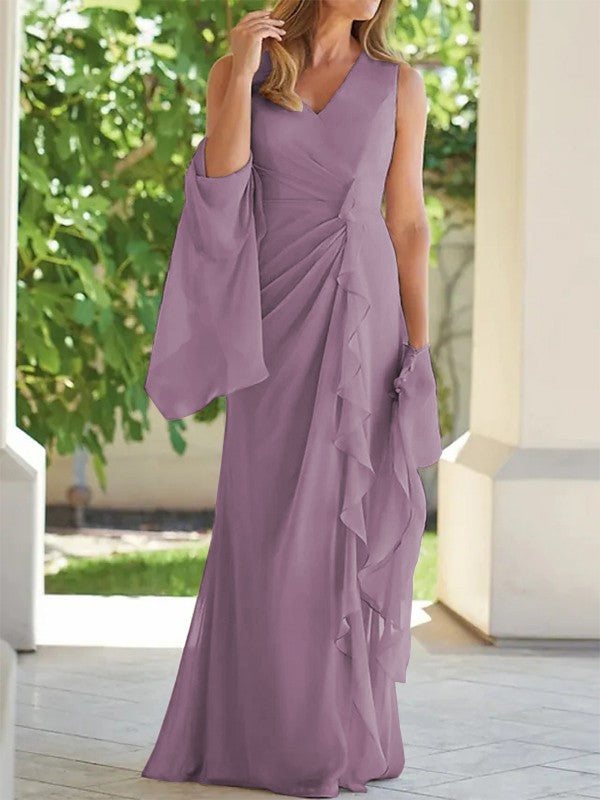 Sheath/Column Chiffon Ruched V-neck Sleeveless Floor-Length Mother of the Bride Dress