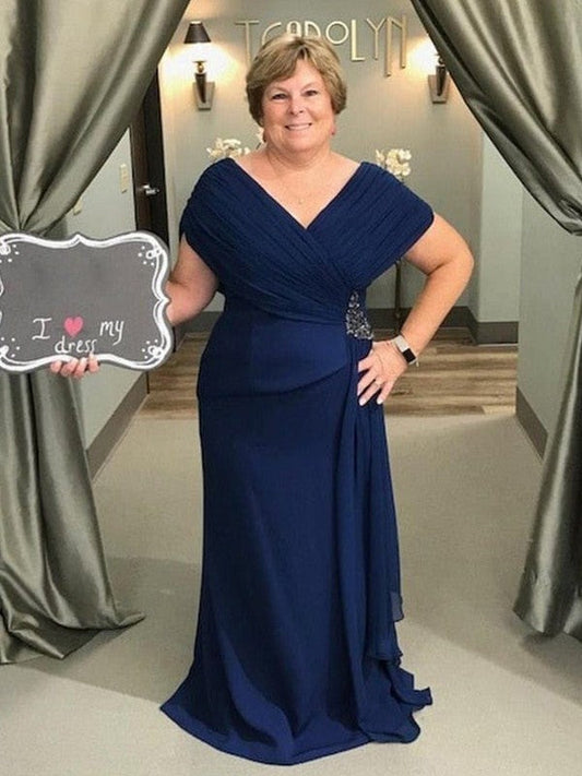 Sheath/Column Chiffon Ruched V-neck Sleeveless Floor-Length Mother of the Bride Dress